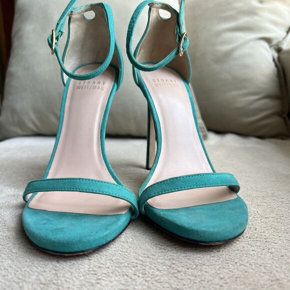 Stuart Weitzman Nudist Turquoise Teal Suede Stiletto Heeled Sandals Women 5 M - Picture 10 of 16